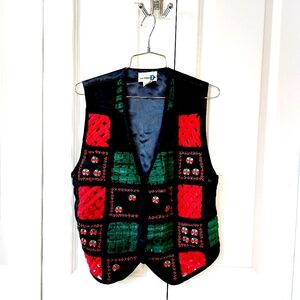 Red, Green, Black Velvet Latice‎ Vest Christmas Medium Paul Harris Holiday Y2k